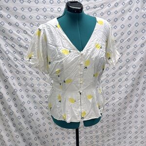 Modcloth Collectif Lemon White Button Peplum Top Bubble Sleeve Tie Back